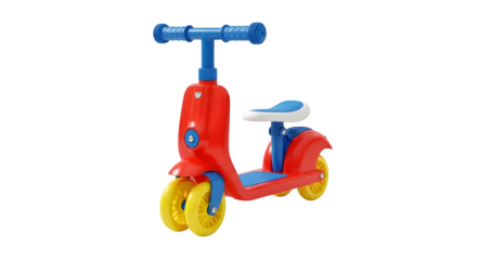 Colorful childrens scooter with seat isolated on transparent background for creative projects