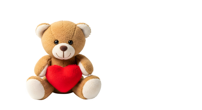 Cute teddy bear holding a red heart plush toy isolated on transparent background
