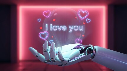 glossy white robotic hand projecting “I love you” hologram with pink and red neon hearts on romantic pink neon background.