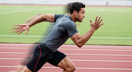 Side profile of a determined male sprinter running at high speed on a track with dynamic motion blur