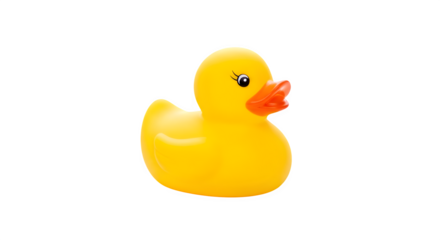 Bright yellow rubber duck toy with orange beak isolated on transparent background