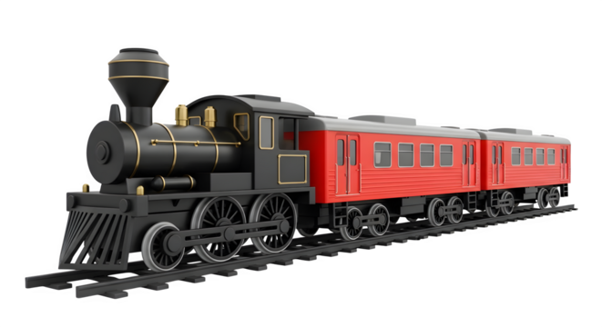 Detailed model train engine and passenger cars isolated on transparent background