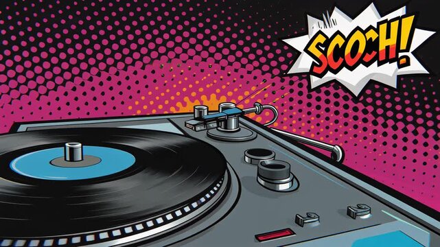 dj turntable with vinyl record, turntable spinning a vinyl record, set against a halftone backgrond. 4k