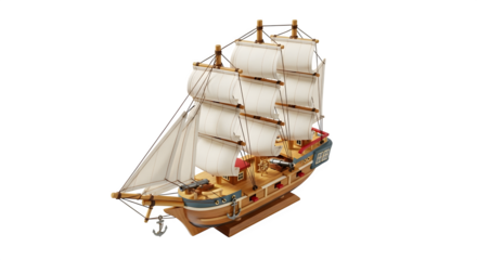 Detailed model ship with white sails isolated on transparent background for creative projects