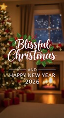 Christmas tree and fireplace festive holiday scene for celebration design