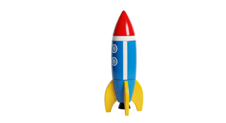 Colorful toy rocket with red nose and yellow fins isolated on transparent background