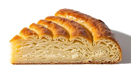 Golden brown layered pastry with creamy white filling on white background baked good food