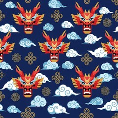 Geometric Chinese Dragon Heads with Stylized Clouds and Knots Seamless Pattern