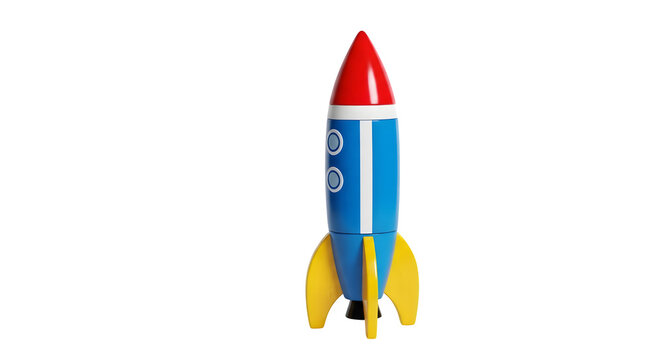 Colorful toy rocket with red nose and yellow fins isolated on transparent background