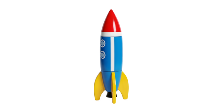 Colorful toy rocket with red nose and yellow fins isolated on transparent background