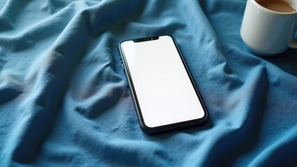 smartphone mockup displaying a Hanukkah greeting app on a blue linen textile, digital holiday wishes.