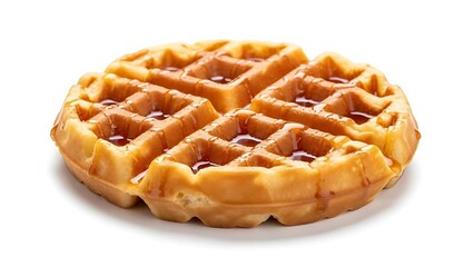 Golden brown waffle with dripping syrup on white background breakfast food