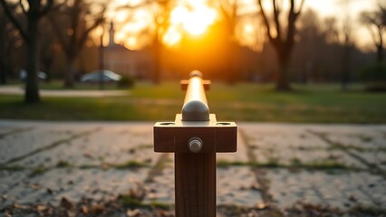 fulcrum. Wooden seesaw in a peaceful park at golden hour, showing perfect equilibrium. event key visuals, club posters, designed for sports event promotions and stadium branding.