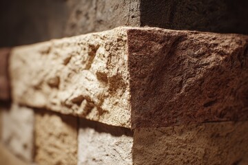 Textured stone corner with brown and beige colors, close-up shot. It can be used as a background or to illustrate architecture topics.