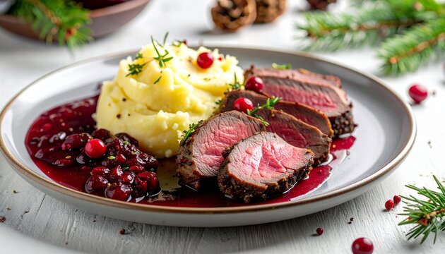 Delicious Roasted Venison Slices with Creamy Mashed Potatoes and Cranberry Sauce Festive Winter Holiday Dinner Gourmet Food Photography red meat beef dark meal dish juicy plate brown white roasted