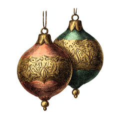 golden christmas balls vintage illustration on white background