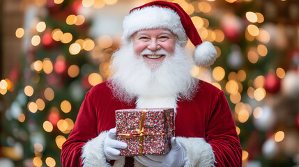 Smiling santa claus in a red suit and white beard holds a wrapped christmas gift in front of a festive tree with bokeh lights