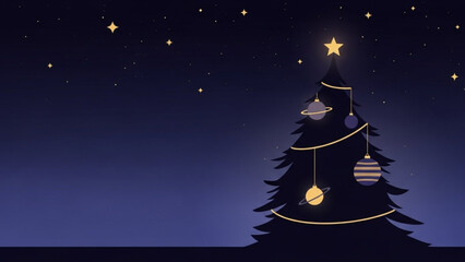 Christmas tree with star and planets ornaments under starry night sky holiday season illustration vector