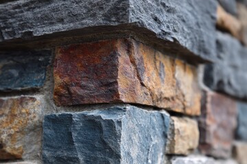 Stone wall detail features blue, brown, and grey blocks in a rough texture. Use as backdrop for construction, architecture, or natural material needs.