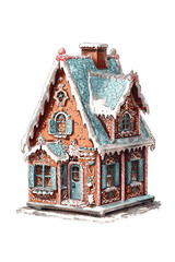 Retro gingerbread derorated house cake illustration isolated on white background
