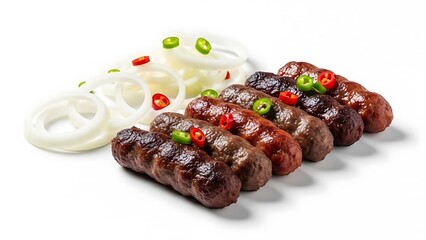 Grilled Meat Sausages with Onion Rings and Chili Peppers on White Background grilled sausages