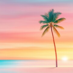 Fototapeta premium A serene sunset scene featuring a palm tree against a colorful sky and ocean.