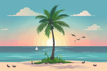 A tropical scene featuring a palm tree, ocean waves, and a sunset with a sailboat in the distance.
