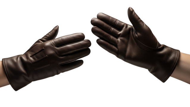 A pair of elegant dark brown leather gloves, worn on hands, displayed reaching towards each other, providing a sophisticated and warm fashion accessory, isolated on transparent background