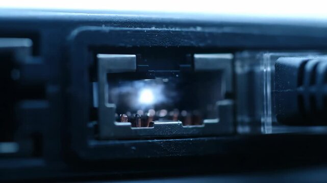Close-up of network cable and port connection, dark tone.