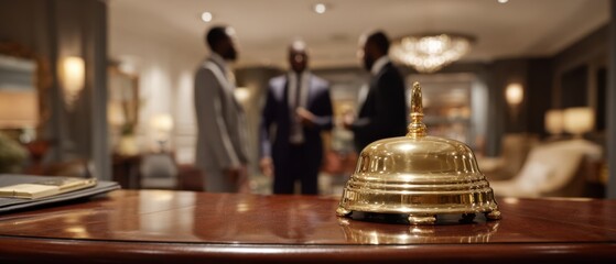 The bell on a polished hotel reception desk with three blurred staff members