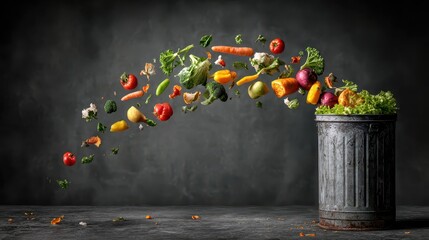 Fresh colorful vegetables are tossed into a trash can. It shows food waste, compost, and environmental issues.