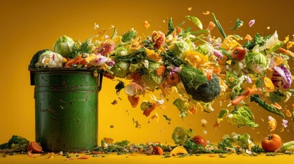 Green trash can with thrown vegetables on a yellow background. It symbolizes food waste, composting, and environmental awareness.