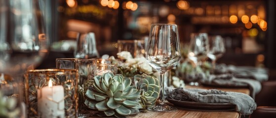 The succulent centerpiece on a rustic dining table with candles and glassware for dinner