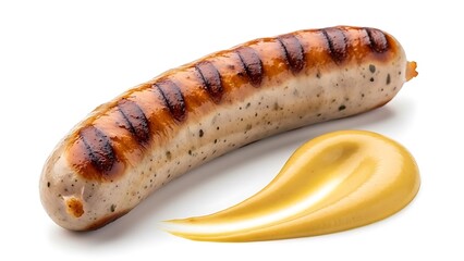 Grilled Sausage with Mustard Swirl on White Background food meat