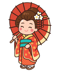 Cute Geisha Girl in Kimono with Traditional Parasol Illustration
