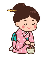 Cute Japanese Tea Ceremony Girl in Kimono Illustration