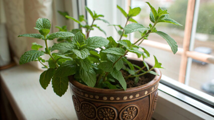 Potted Fresh Mint Plant Growing on a Window Sill