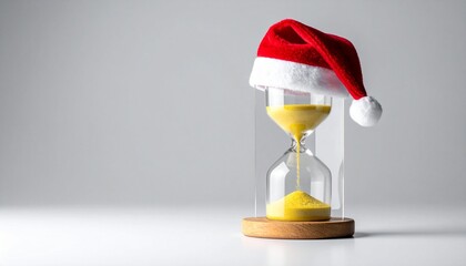 Yellow hourglass with Santa hat on gray background.