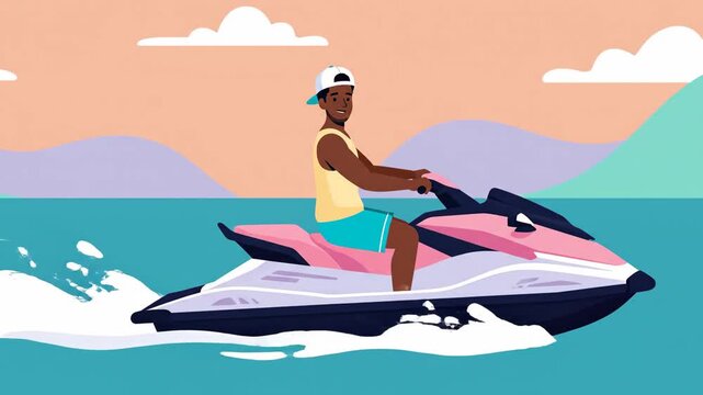 Joyful Illustration Capturing Man on Jet Ski Enjoying Water Adventure