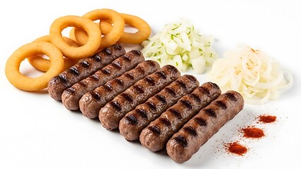 Grilled Sausages with Onion Rings Chopped Onion and Paprika Powder meat food