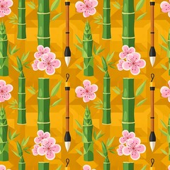 Seamless Asian-inspired pattern with green bamboo stalks, pink cherry blossoms, and calligraphy brushes on a golden yellow background.