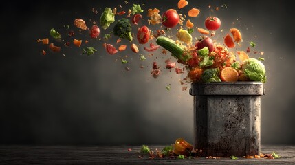 Assorted vegetables explode out from a grey trash can. Depicts concepts like food waste, and disposal of organic matter.