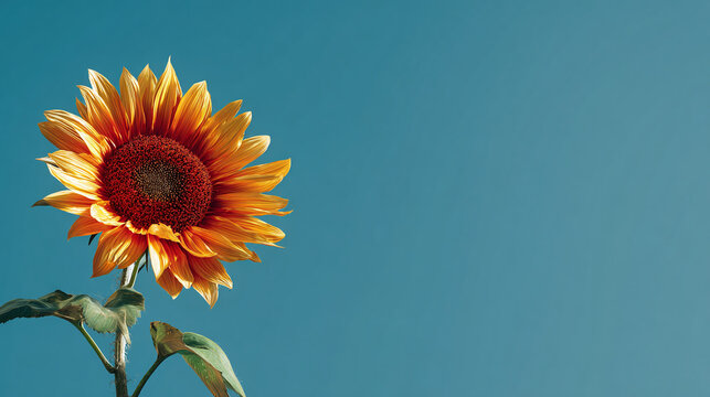 A solitary sunflower stands tall against a clear, cerulean sky, its vibrant petals reaching towards the sun