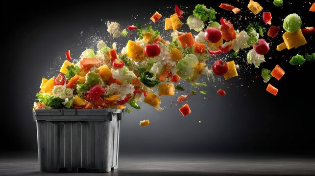 Chopped vegetables fly from a grey bin, on a dark background. Represents food waste, recycling, and healthy eating concepts.