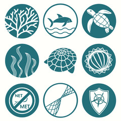 Set of nine circular icons representing marine life conservation, ocean protection, and antifishing symbols