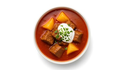 Hearty Beef Goulash with Potatoes and Sour Cream Garnish in White Bowl beef stew comfort food