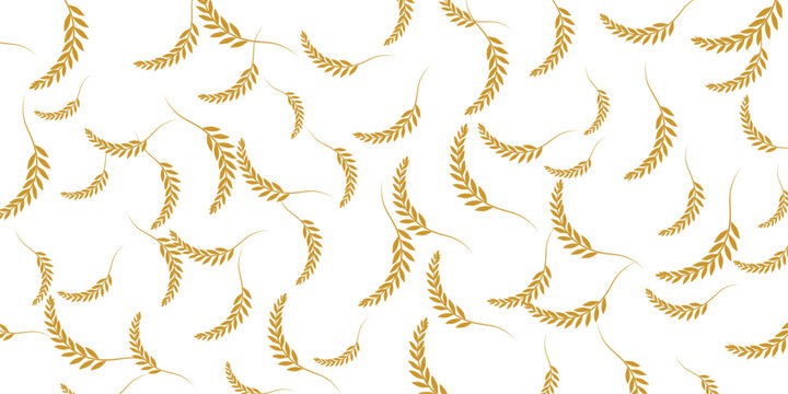 Seamless pattern of scattered golden wheat ears on a white background