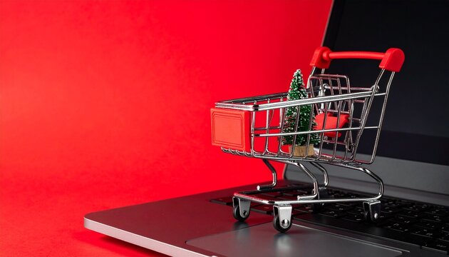 Mini shopping cart with Christmas tree and gift on laptop.