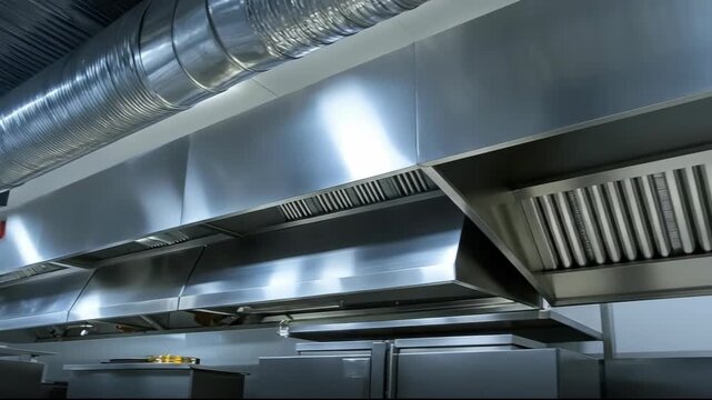 Stainless steel kitchen ventilation system with ductwork in a commercial kitchen.