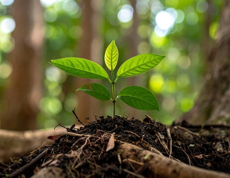 Young plant growing from the ground. Forest in blurred background. Sunlight. New beginnings. Fresh and full of promise